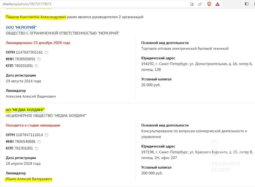 Скріншот з сайту із пошуку бізнес-інформації checko.ru, де виднозв'язок ліквідатора ООО "А-Логістика" Константина Пашкова із Алексеем Юшиным та АО "Медиа Холдинг"