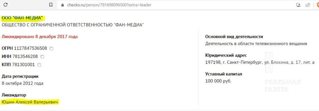 Скріншот з сайту із пошуку бізнес-інформації checko.ru, де Алексей Юшин значиться ліквідатором ООО "ФАН-МЕДИА"
