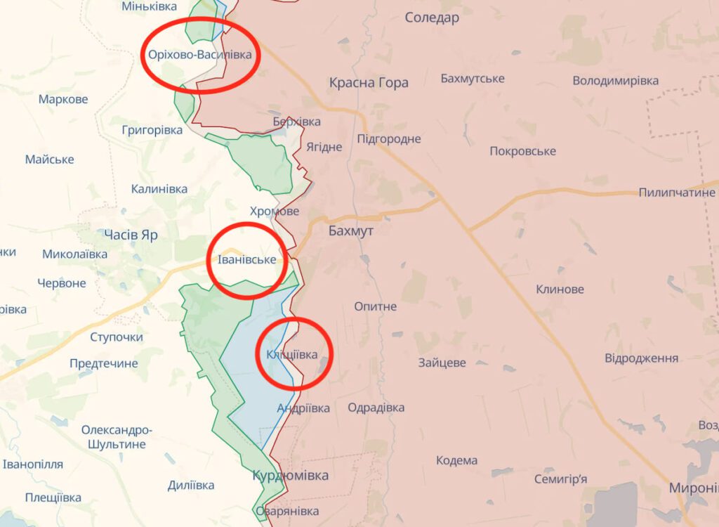 Скріншот карти OSINT-проєкту DeepState з ділянкою фронту поблизу Бахмута Донецької області