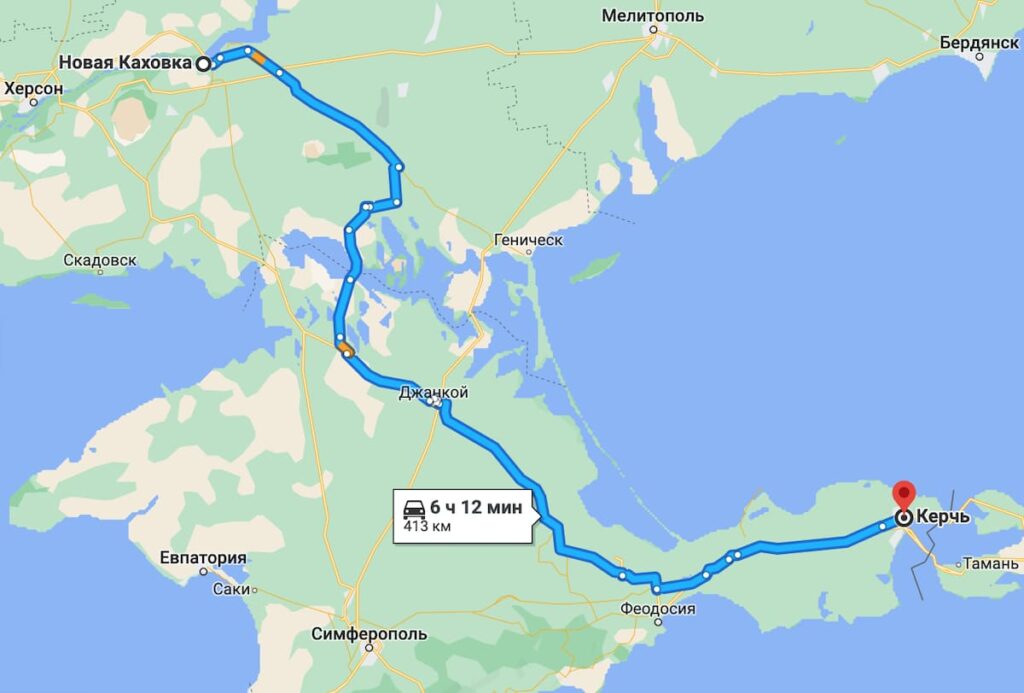 Скриншот маршруту з окупованої Нової Каховки у Керч в Криму.
