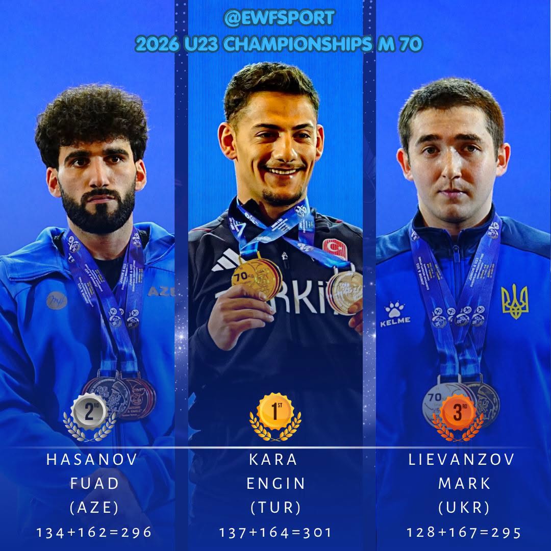 Троє призерів у спортивній формі з медалями після змагань з важкої атлетики.
