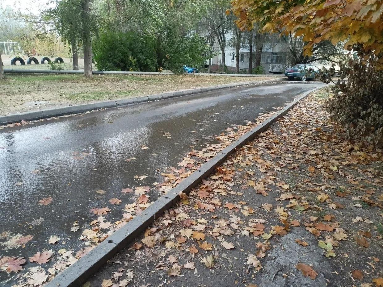 Залита водою дорога, опале листя на узбіччі та житловий будинок серед дерев.